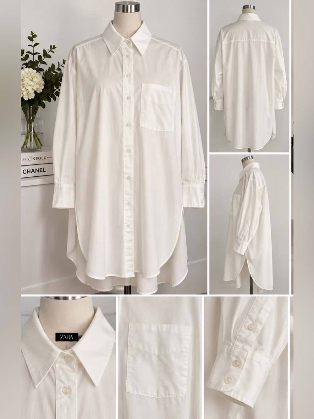 ZARA White Longline Relaxed Button-Down Shirt